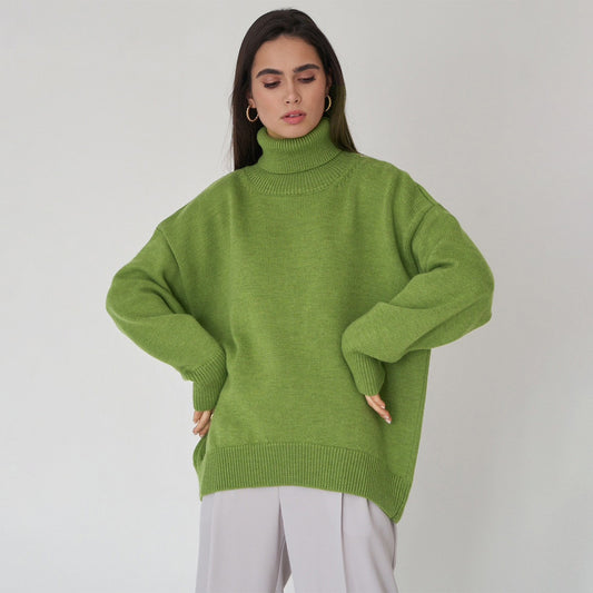 Cross-border solid color turtleneck sweater European, American autumn and winter loose knitted sweater Ins Amazon pullover women