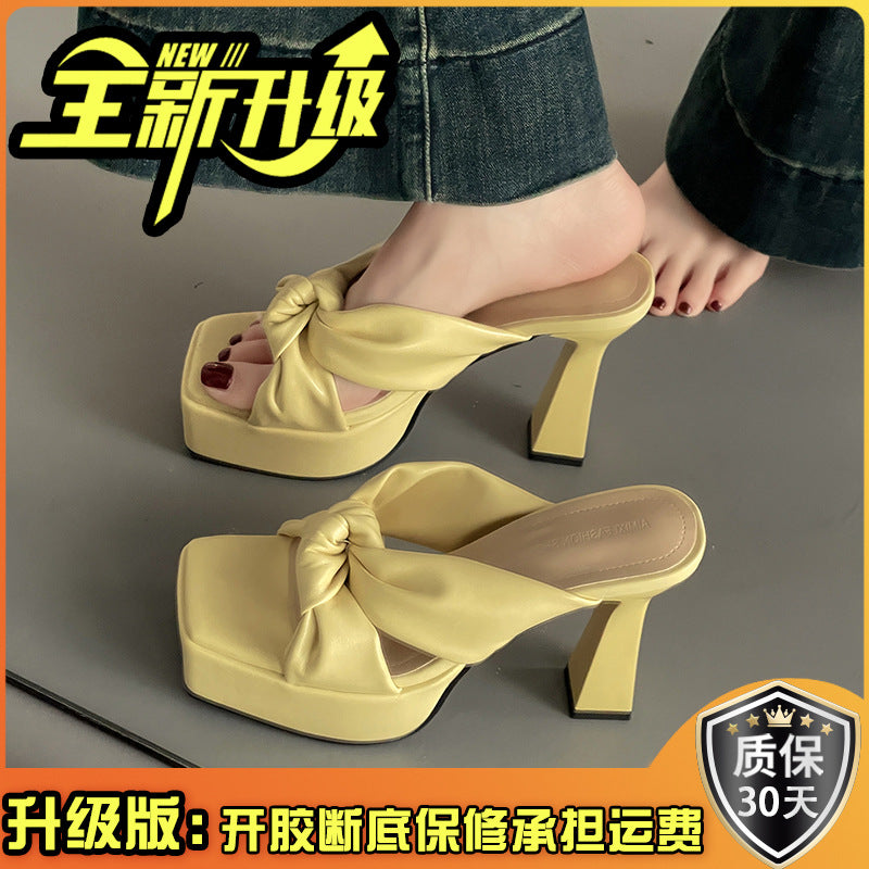 Fashion temperament bow women's thick heel one-word slippers summer French retro height-increasing and thin high-heeled cool slippers
