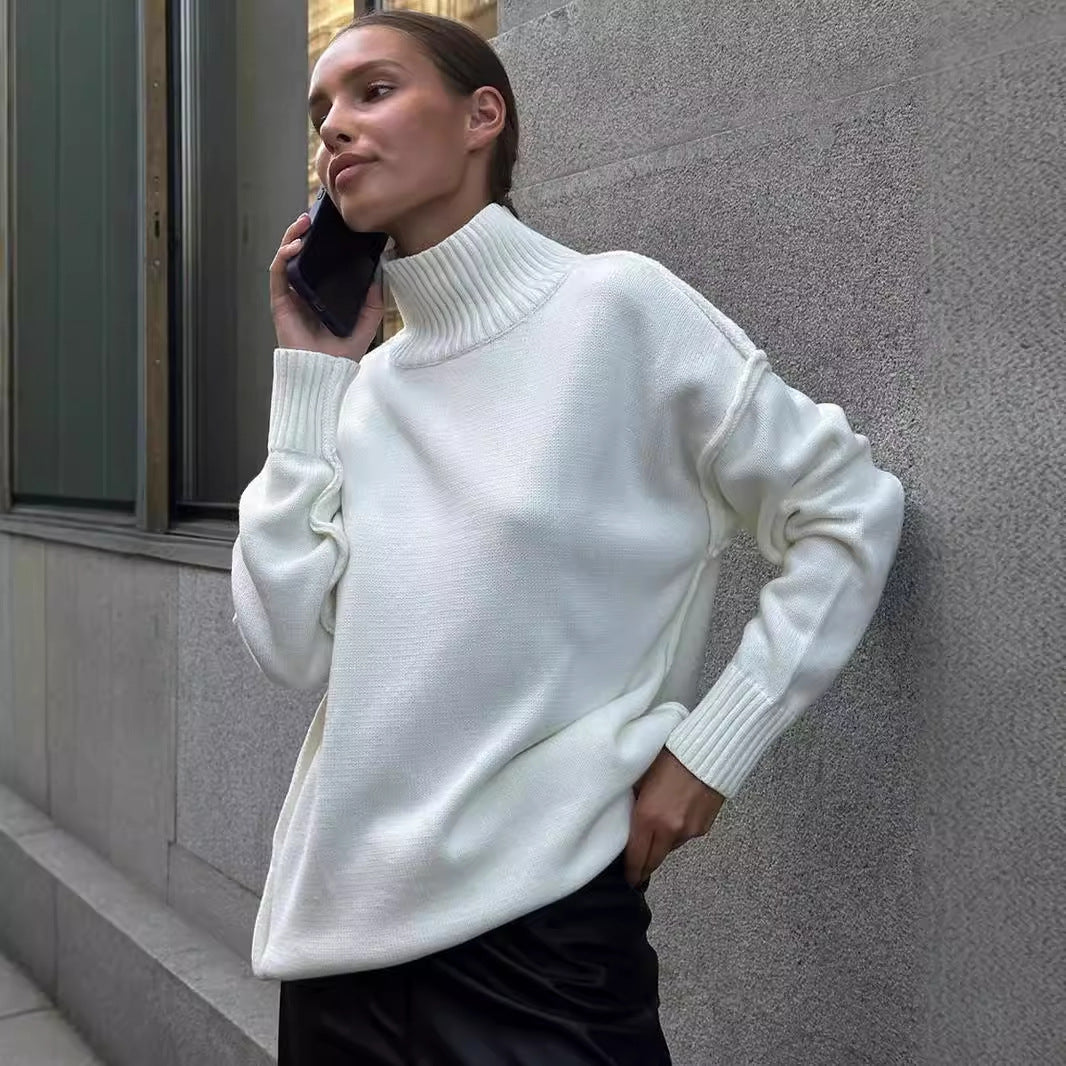 Cross-border splicing turtleneck sweater women's Europe, America, autumn and winter new casual loose lazy thickened sweater knitted jumper