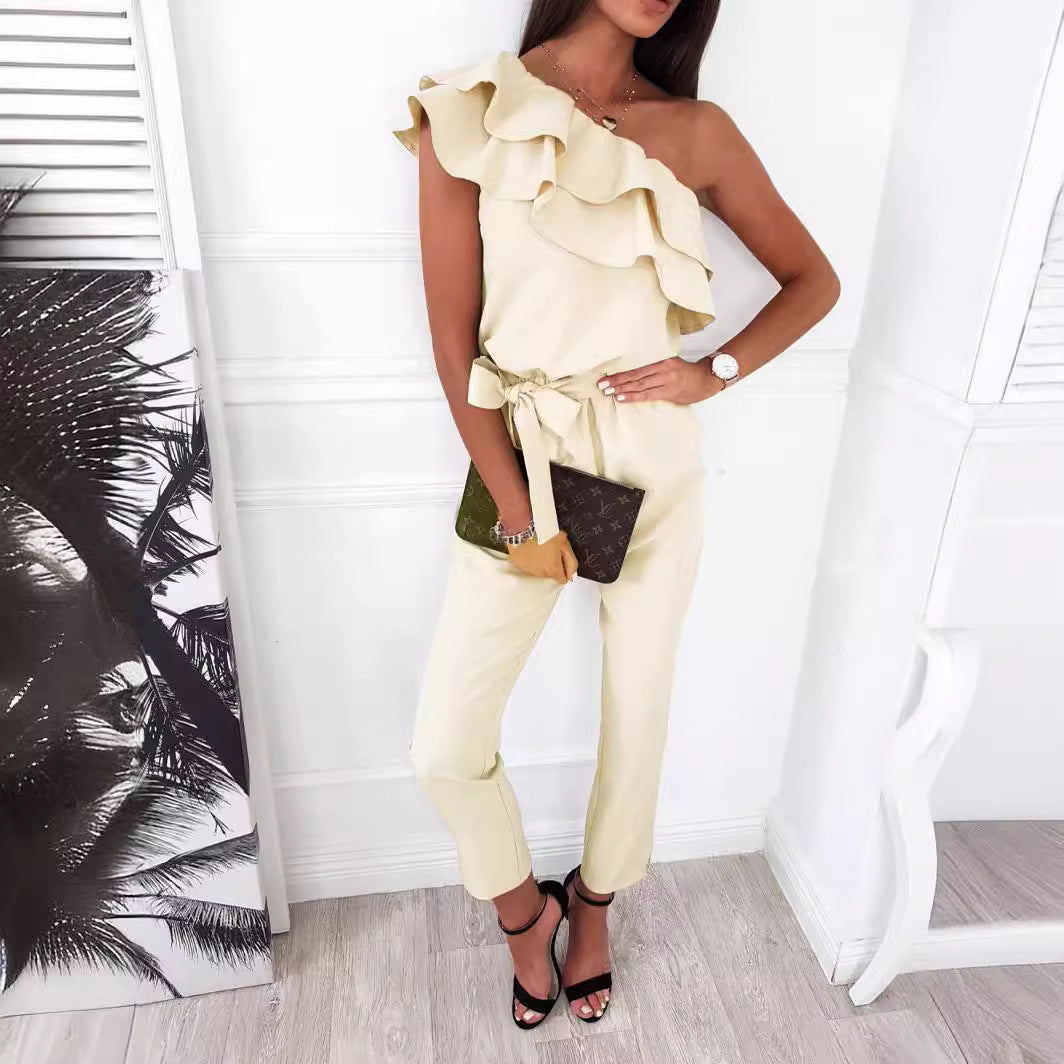 European and American women's clothing, casual shoulder fungus edge slim-fitting lace-up jumpsuit and pants  suits
