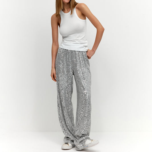 sequined trousers European and American autumn and winter new insY2K trend American pearlescent sequined straight mopping trousers   pant