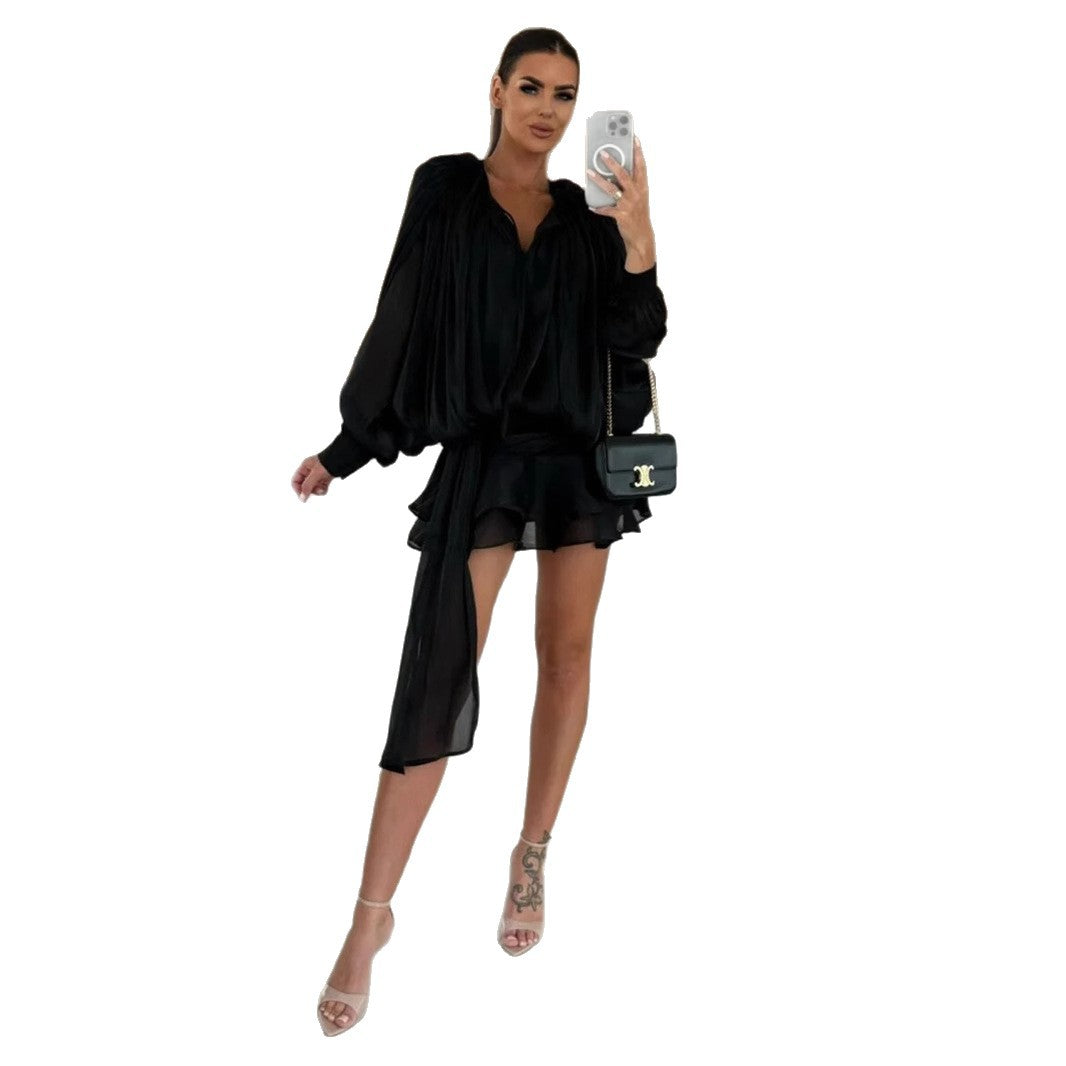 Chiffon long-sleeved dress European and American summer new lantern sleeve lace-up short skirt ruffle leaf edge dress