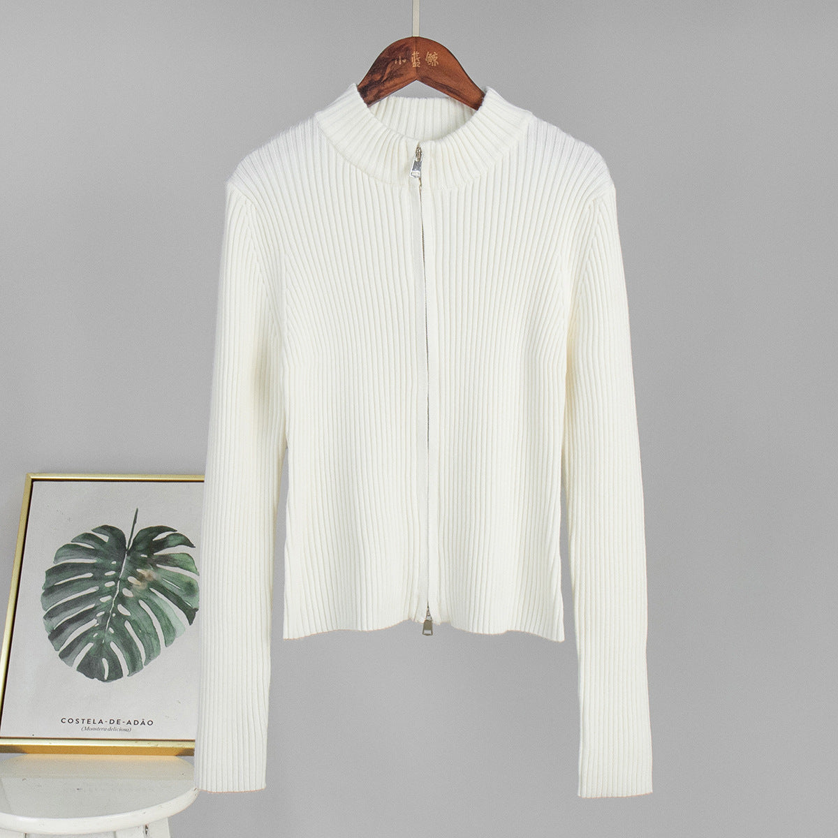 Stand-up collar slim-fitting long-sleeved jacket European, American autumn and winter new double zipper cardigan warm knitted jacket women  sweater