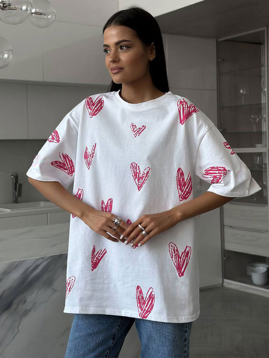Love printed T-shirts European and American summer new street trend hand-painted love printed short-sleeved T-shirt