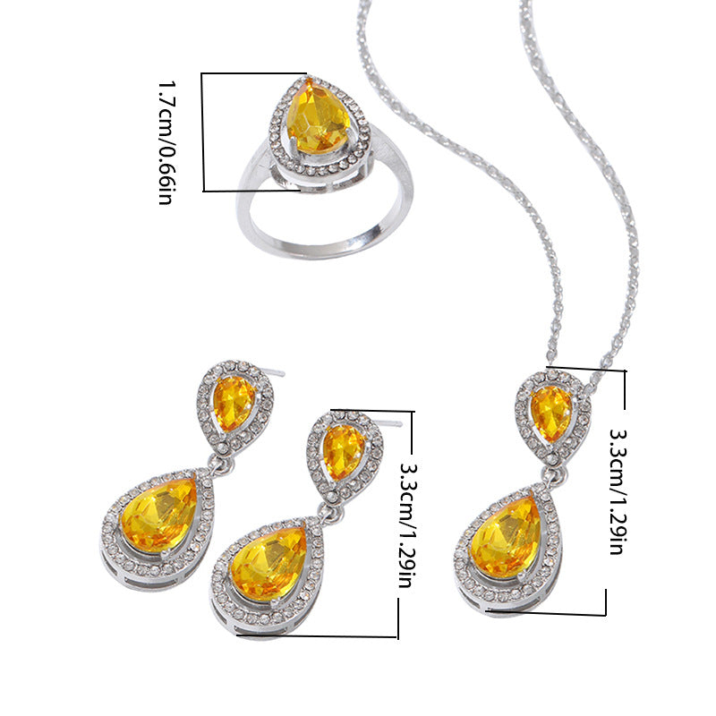 European and American water drop women's accessories, colored treasures, zircon sets, necklaces, earrings, ring sets, jewelry wholesale, spot multi-color.