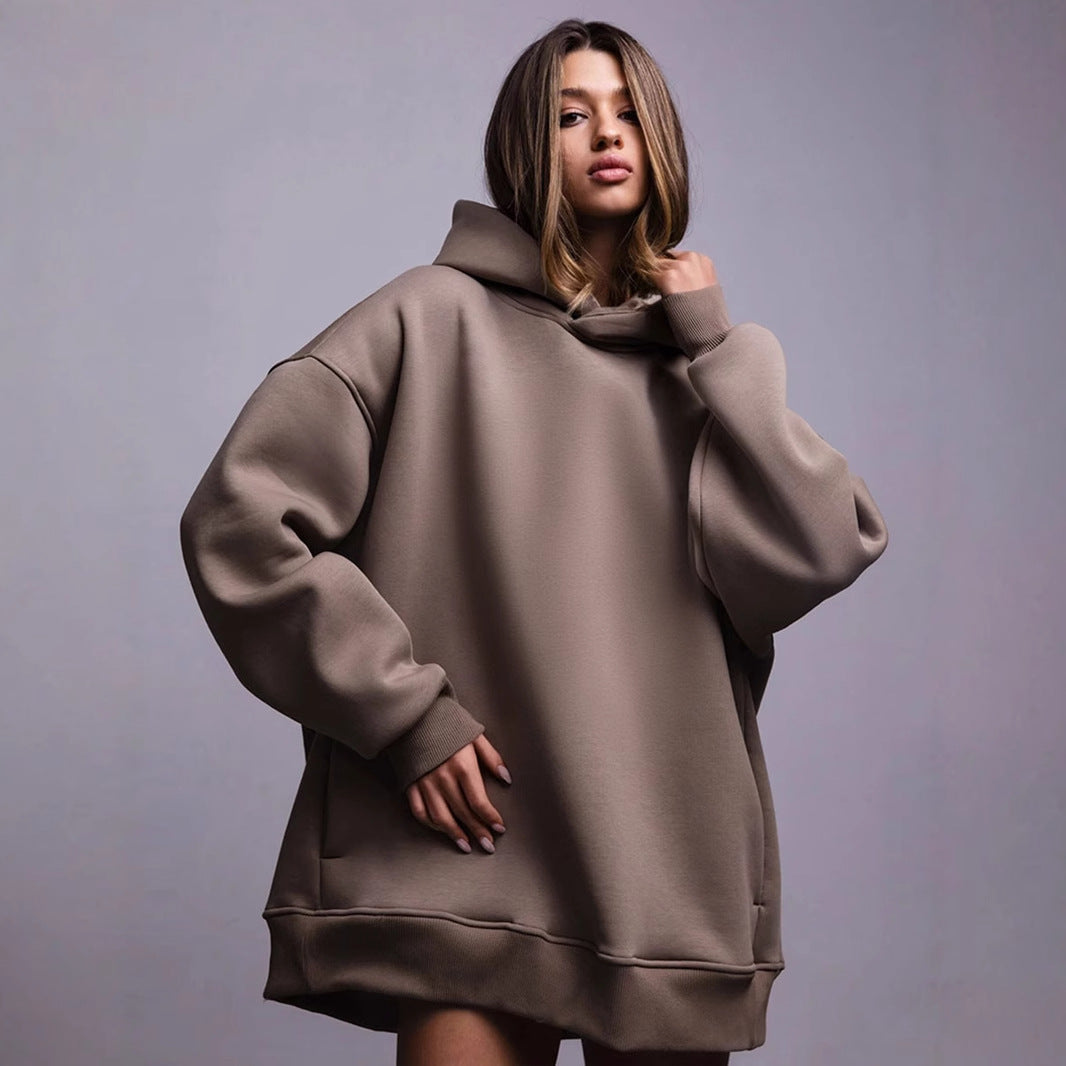 Cross-border solid color hooded sweater, European, American autumn and winter new women's fashion simple casual loose hoodie sweater