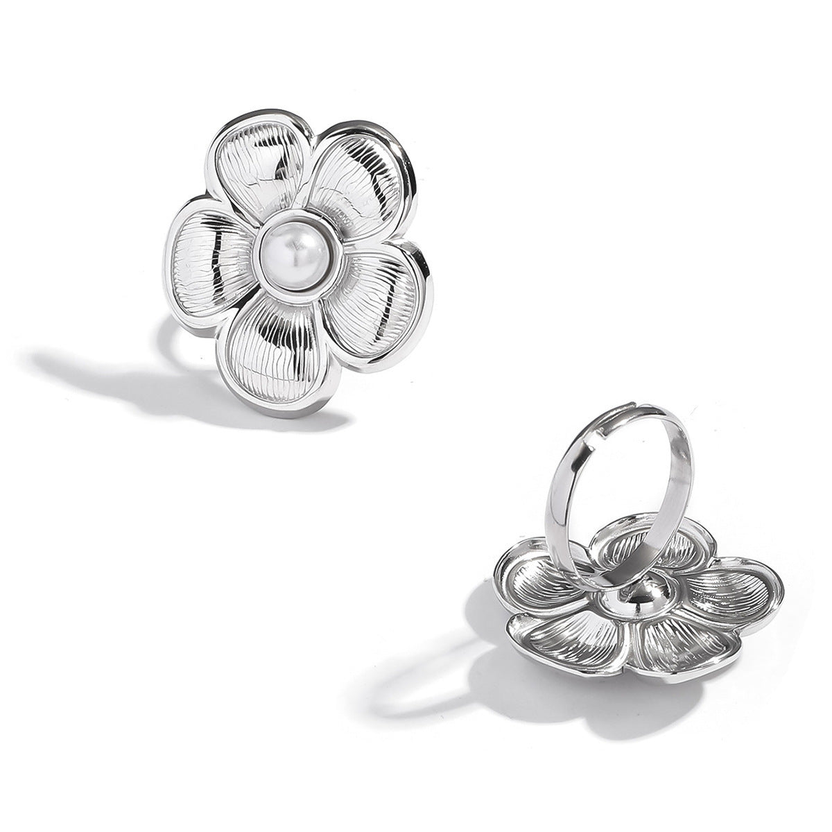 Malt stainless steel flower pearl ring exaggerated high-end ins ring titanium steel non-fading hand jewelry rings