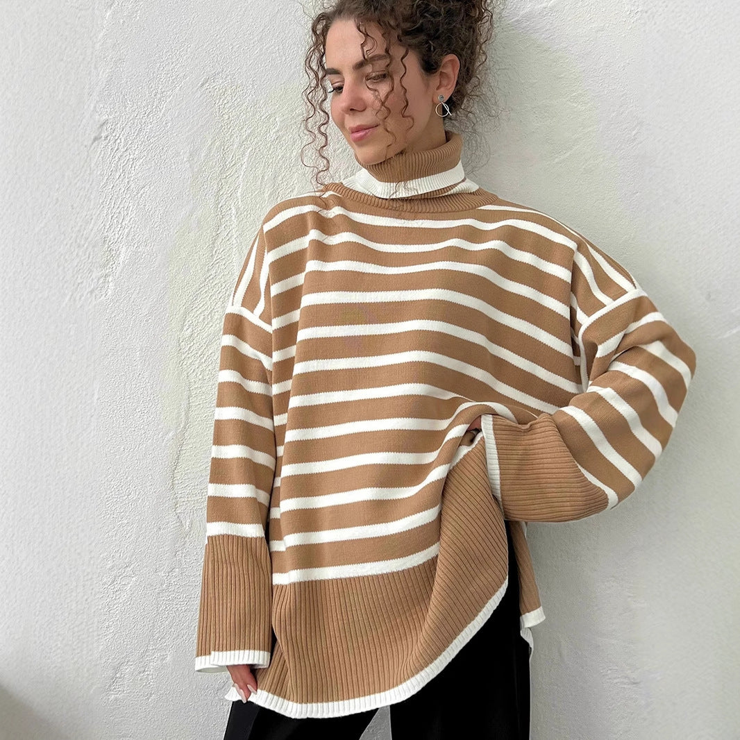 Turtleneck striped sweater women's Europe, America, autumn and winter new turtleneck pullover knitted sweater versatile loose sweater