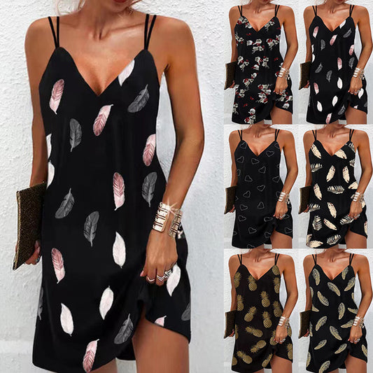 Summer new women's clothing hot-selling seamless V-neck printed double shoulder suspender skirts