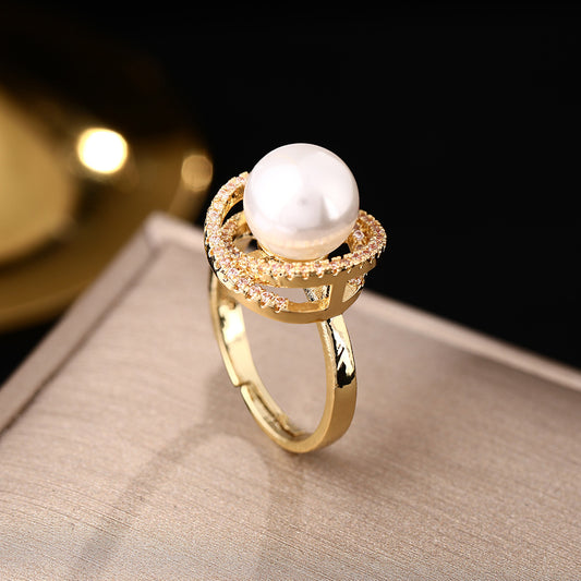 Korean version of light luxury premium pearl rings niche versatile exquisite zircon opening adjustable ring Internet celebrity jewelry