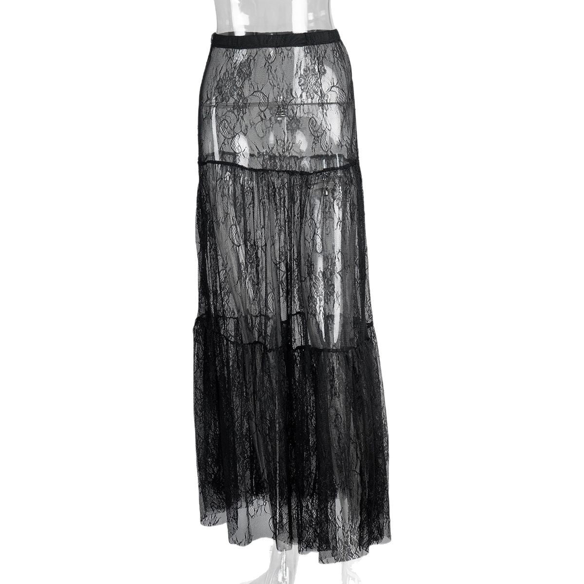 Black lace long skirt European and American summer new sexy perspective niche temperament skirt  dress
