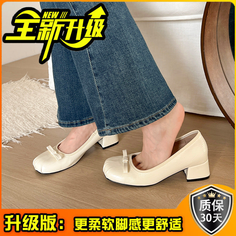 French retro light mouth high heel single shoes women's  new summer bow flat grandma shoes soft leather beanie shoes