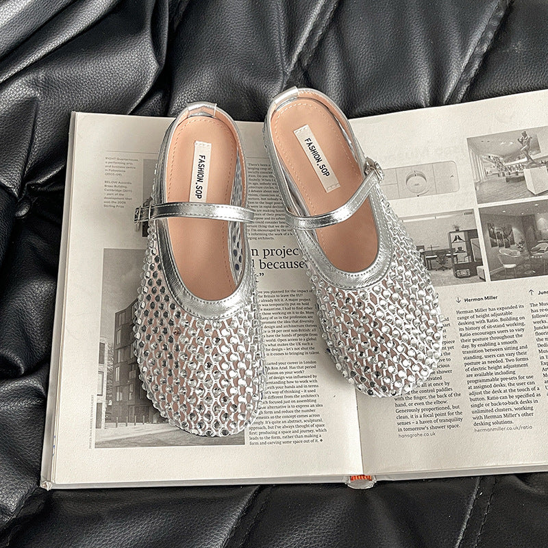 fashion new French rhinestone  head half slippers women  summer new wear Mary Jane shoes cool slippers