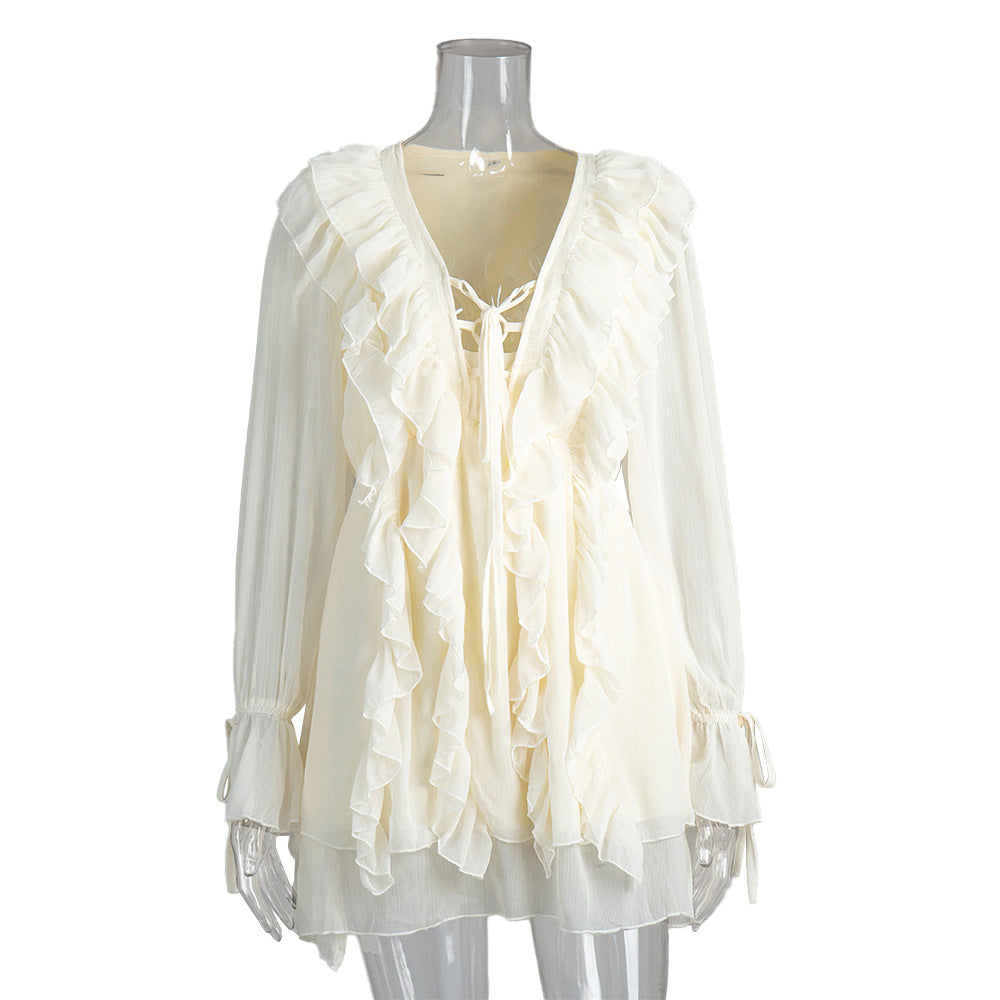 Chiffon long-sleeved dress European and American spring new lantern sleeve lace-up short skirt ruffle leaf edge dress