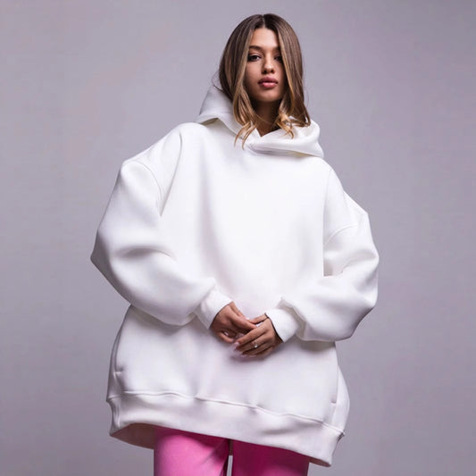 Cross-border solid color hooded sweater, European, American autumn and winter new women's fashion simple casual loose hoodie sweater