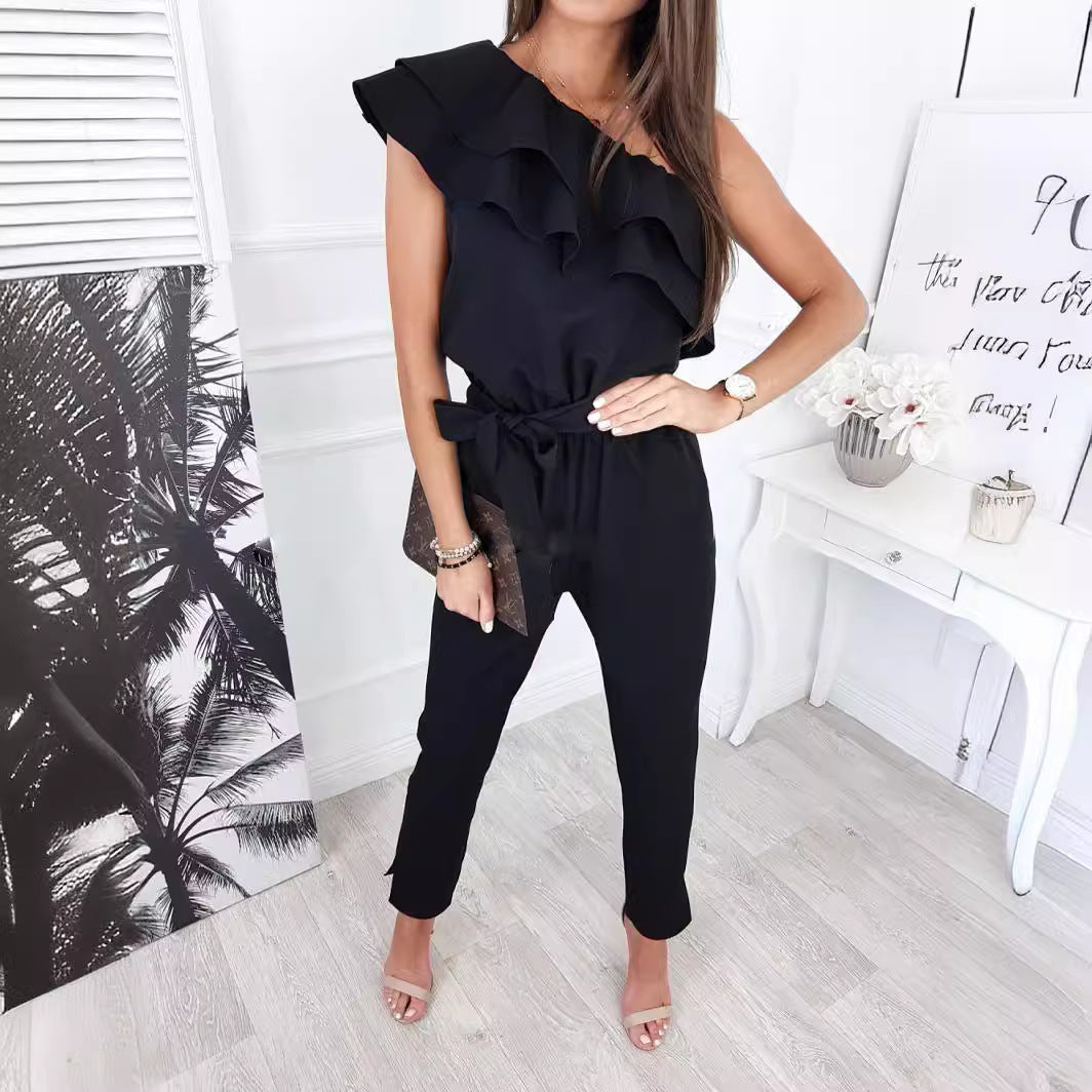 European and American women's clothing, casual shoulder fungus edge slim-fitting lace-up jumpsuit and pants  suits