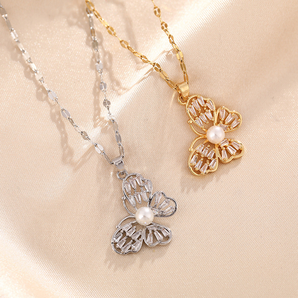 Pearl butterfly titanium steel necklace slightly inlaid with diamonds, exquisite versatile zircon light luxury, diamond-inlaid women do not fade collarbone chain