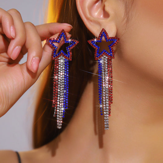 Fashion splicing long fringed earrings for women, all-copper imported rhinestone pentagram ear jewelry
