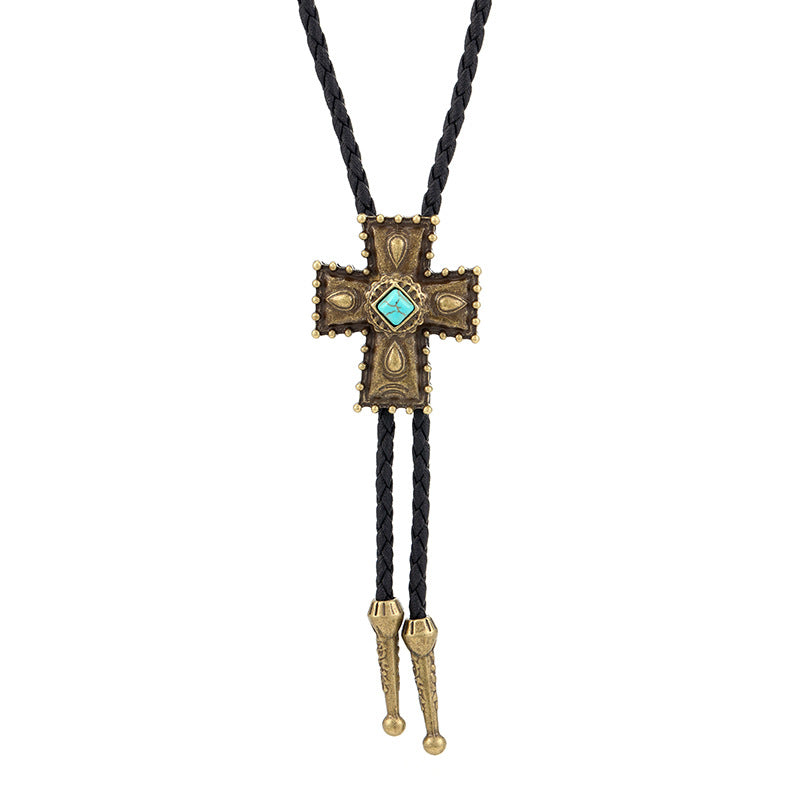 European and American punk denim bolo tie fashion tie cross turquoise sweater chain rope alloy pendant necklace