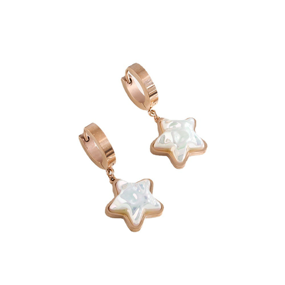 Korean style high-end earrings, hot-selling pentagram pearl titanium steel earrings, non-fading fashionable and versatile earrings, earrings.