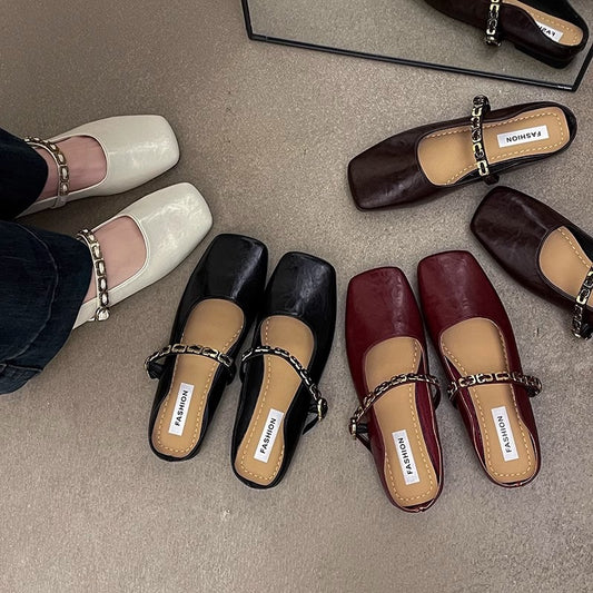 French bag head half slippers women's outer wear  spring and summer new Korean version square head flat bottom one pedal Mary Jane single shoes