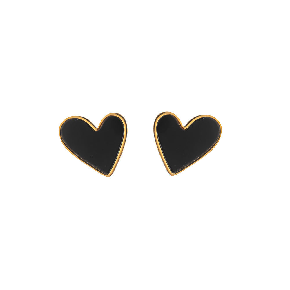 European and American personality black and white fritillary peach heart titanium steel earrings, earrings, vacuum plating 18K gold non-fading earrings, jewelry