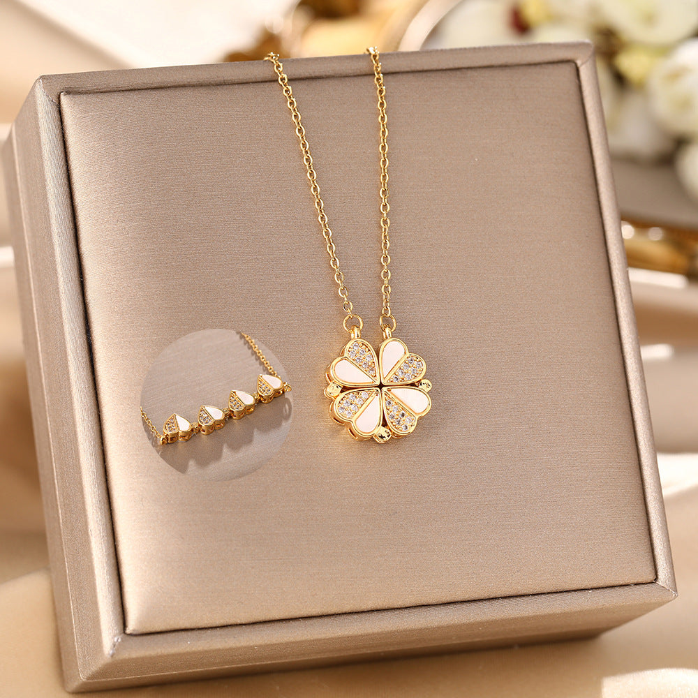 The Korean version of the live broadcast titanium steel necklaces for women wears more four-leaf clover magnetic zircon pendant high-end collarbone chain jewelry.