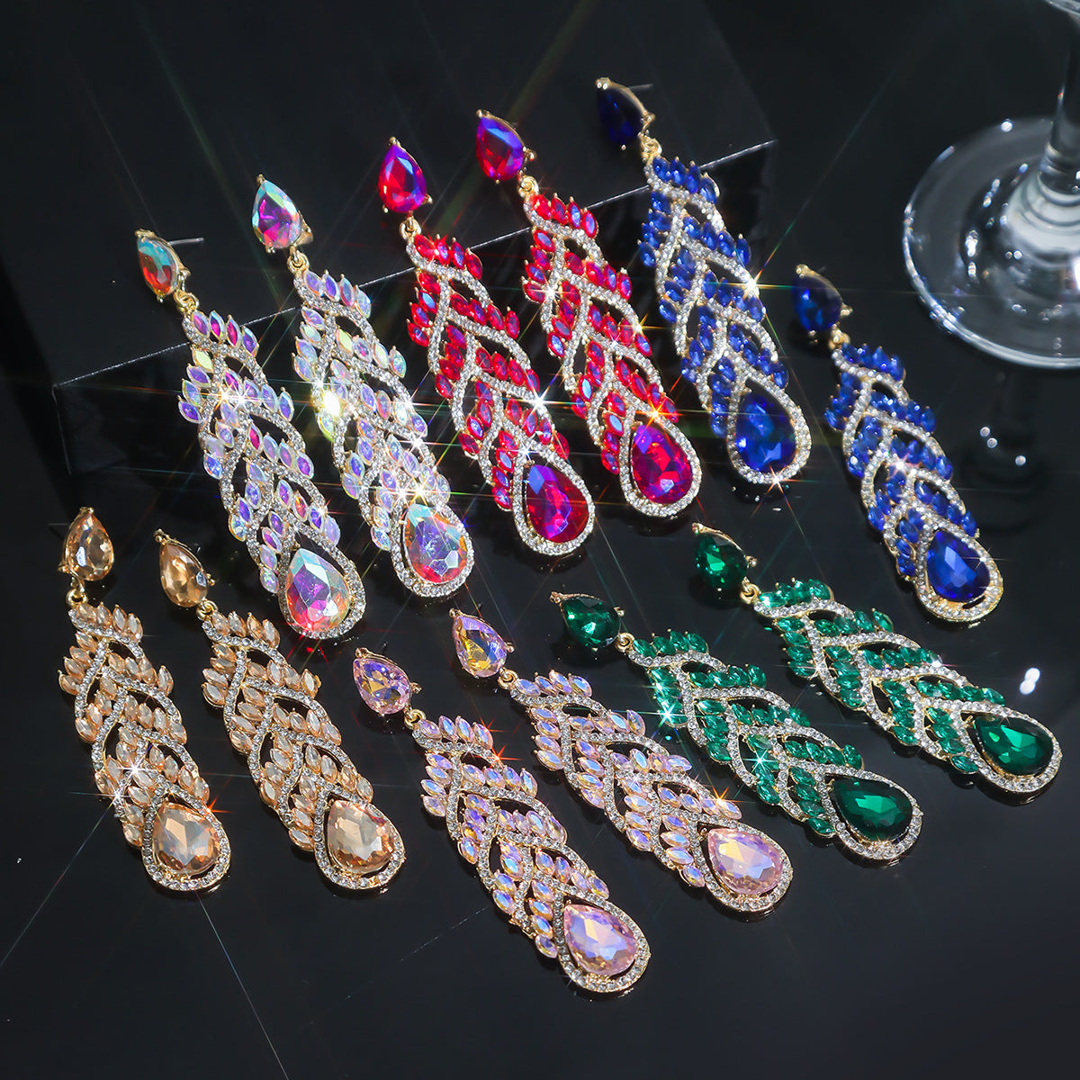 Europe, America, fashion glass rhinestone long earrings women, exaggerated crystal gemstone stud earrings earrings
