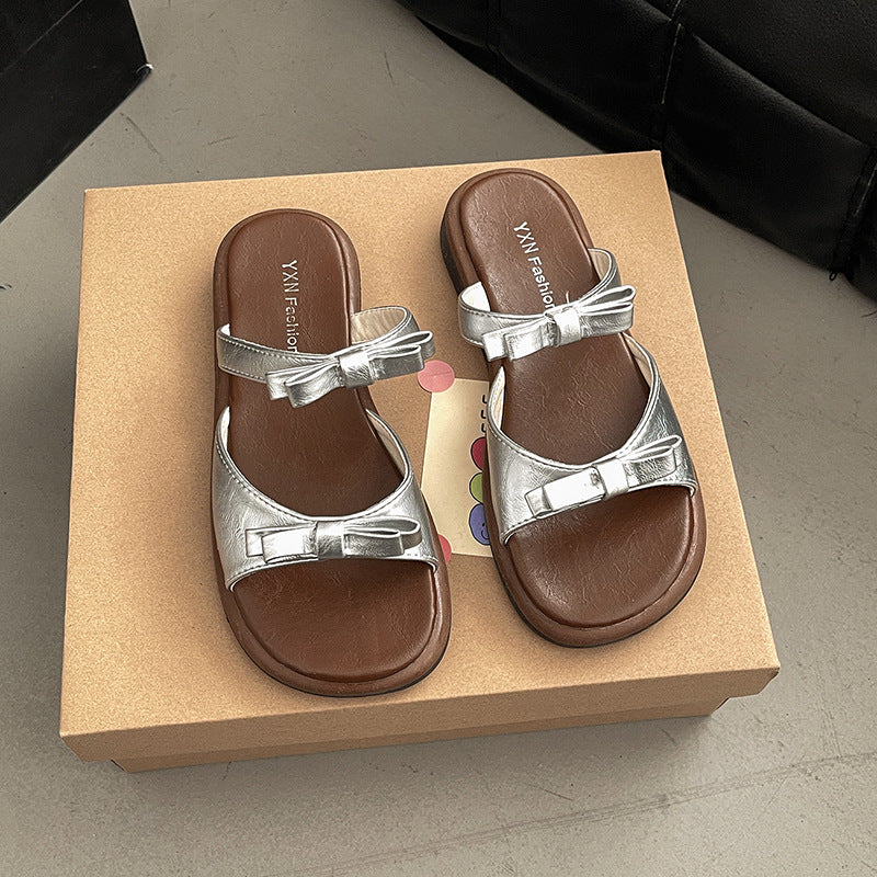 Bow flat-bottomed slippers for women's summer outer wear  new fashionable versatile open-toe double with cool slippers wholesale