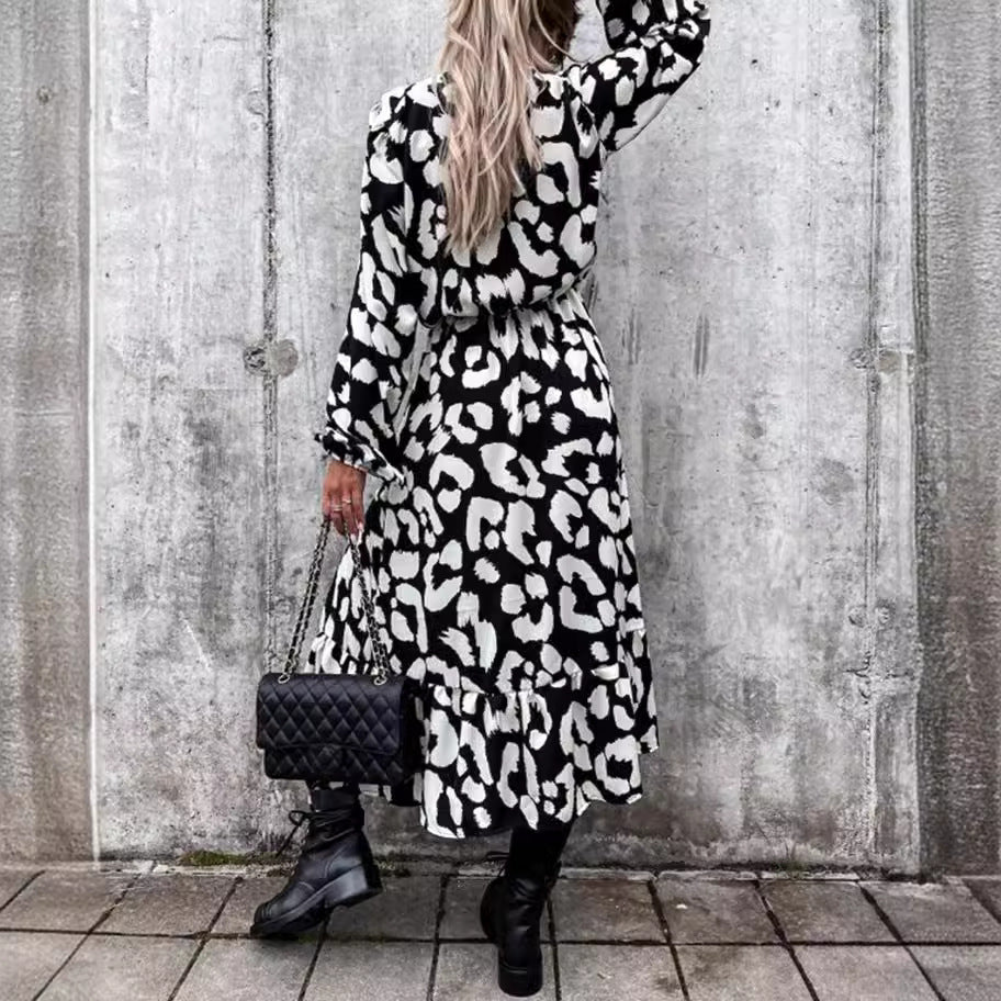 Cross-border European and American foreign trade women's clothing autumn and winter new temperament slim-fitting pullover printed dress