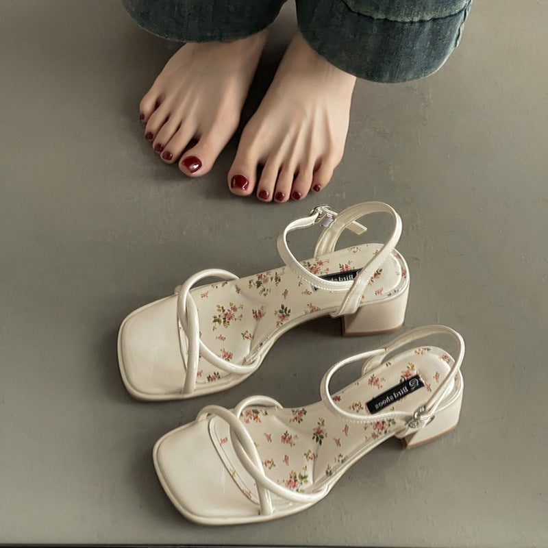 French fairy style bow word with high heel sandals female  summer new floral small fresh open-toed sandals  slippers