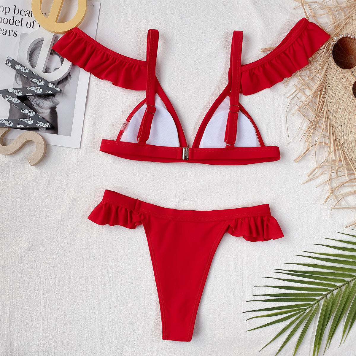 Outer single swimsuit  European and American new  solid color lotus leaf sleeve women's split swimsuit swimsuits
