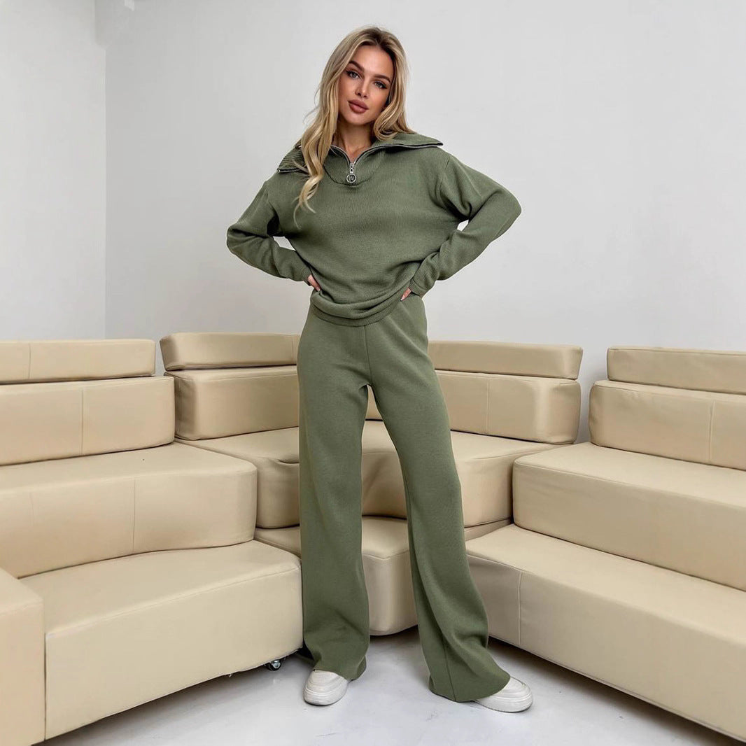 High-neck half-zipper long-sleeved wide-leg trousers suit, European, American autumn and winter new knitted casual suits for women