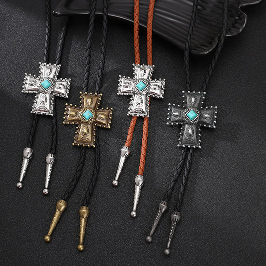 European and American punk denim bolo tie fashion tie cross turquoise sweater chain rope alloy pendant necklace