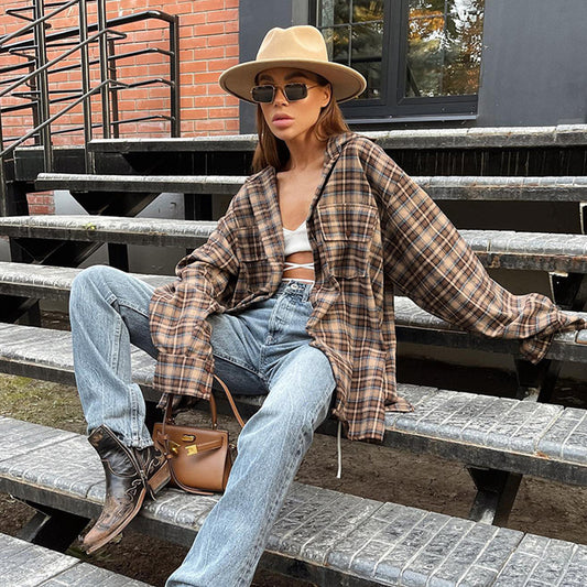 Spring and summer American retro plaid POLO collar shirt design sense primer plaid shirt loose women  t-shirts