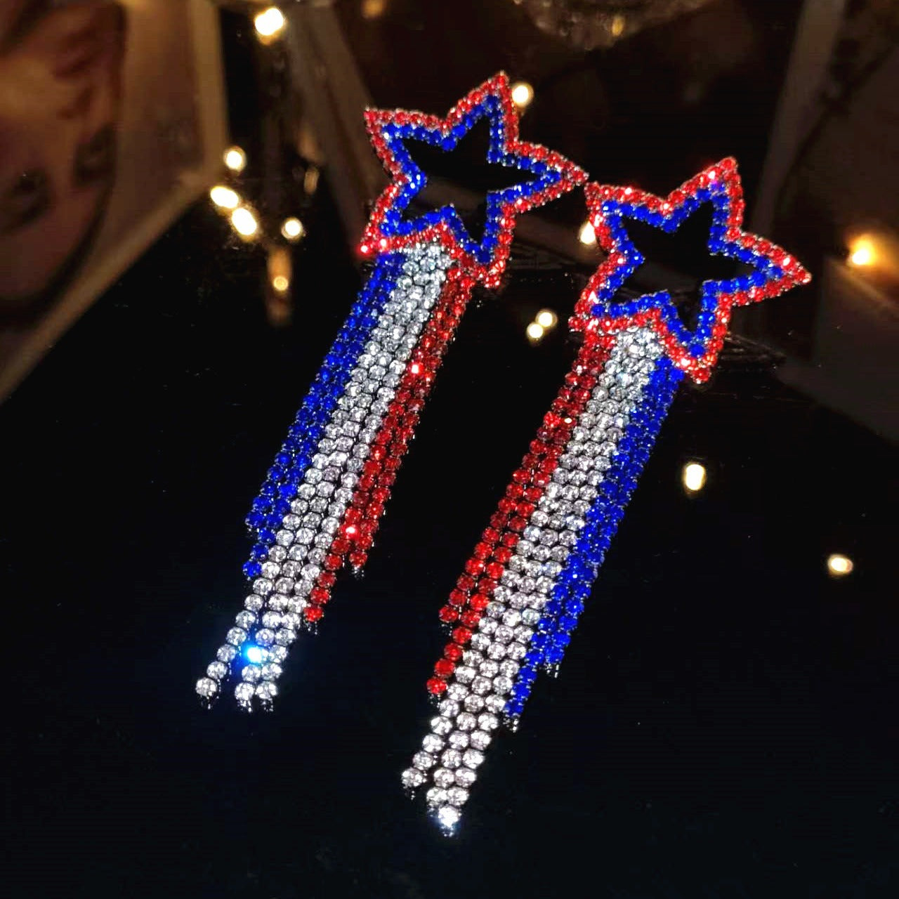 Fashion splicing long fringed earrings for women, all-copper imported rhinestone pentagram ear jewelry