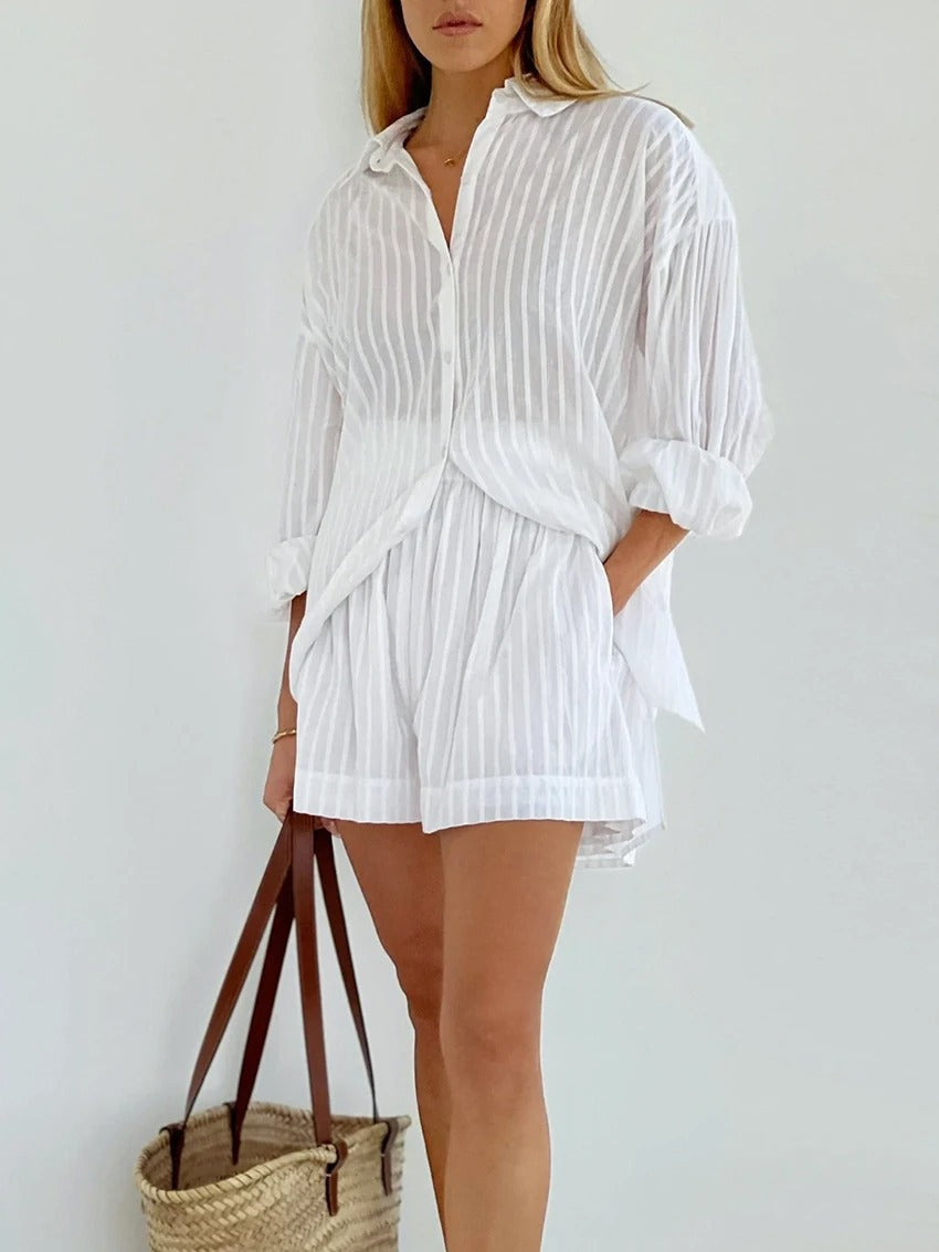 Cross-border pure cotton shirt set, European and American summer new women's white vertical striped shirt shorts casual suits