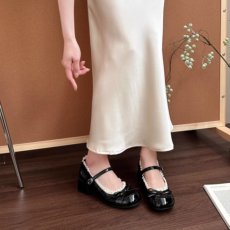French lace bow women Mary Jane shoes summer fashion new silver single  beanie shoes inner height increase evening leather shoes