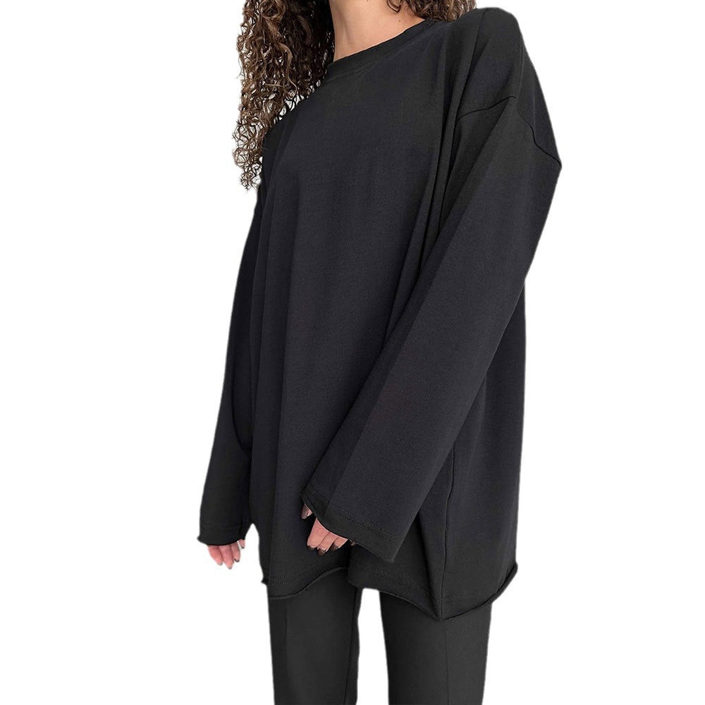 Pure cotton T-shirt women's European and American cross-border spring new loose solid color Oversize round neck long-sleeved t-shirts