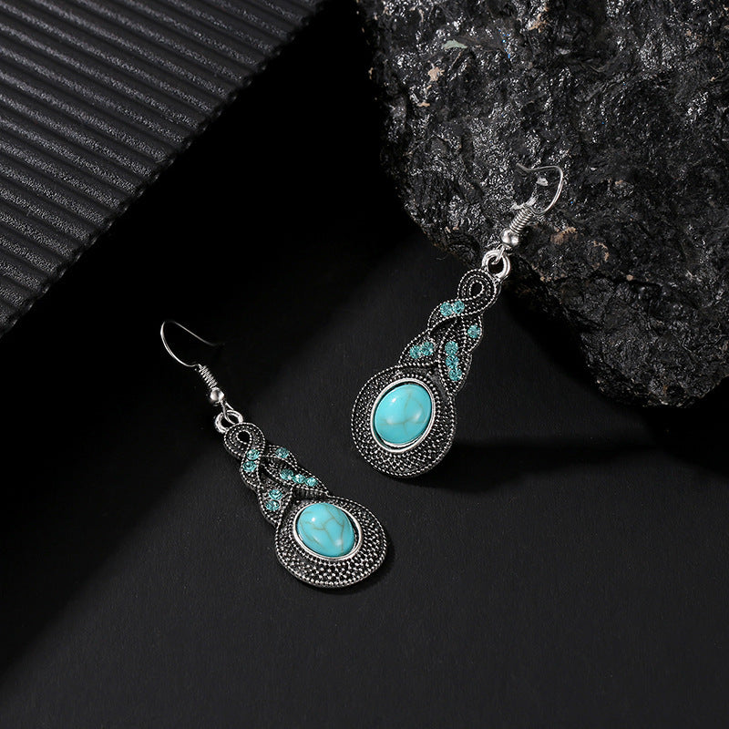 Europe and the United States new fashion retro suit blue crystal inlaid turquoise earrings hot Bohemian personality earrings
