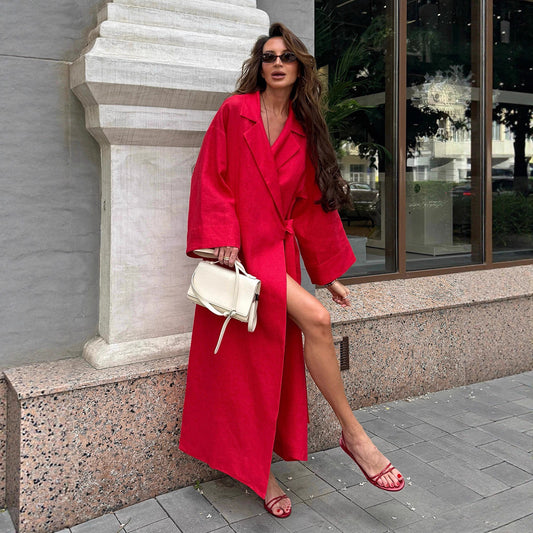 Cross-border cotton and linen dress, European and American autumn new women's lazy casual loose robe lapel lace-up dress