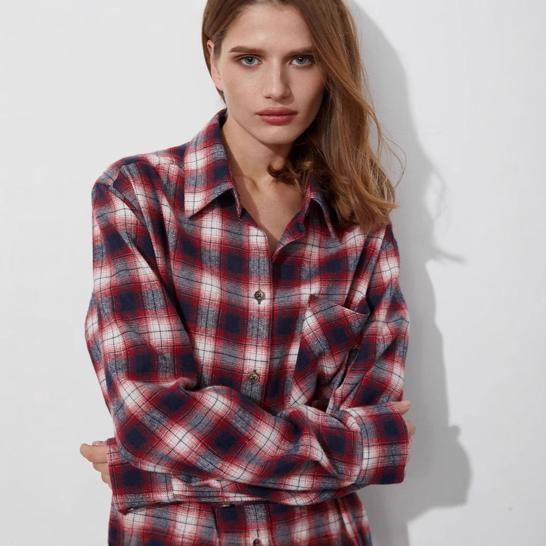 Plaid Shirt Women's European, American Spring and Summer Loose Versatile Shirt Pure Cotton Plaid Neutral Wind Shirt Women  t-shirts