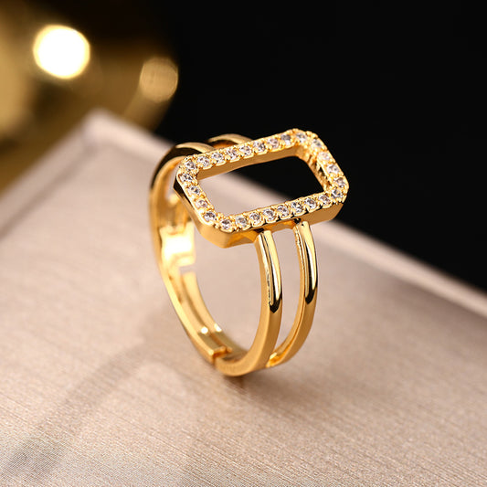 New ins wind zircon hollow opening rings 18k copper gold-plated geometric square ring women's personality jewelry spot