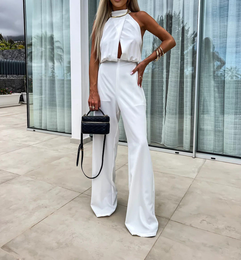 cross-border summer European and American women's clothing ins new fashionable semi-turtleneck sleeveless slim jumpsuit  suits