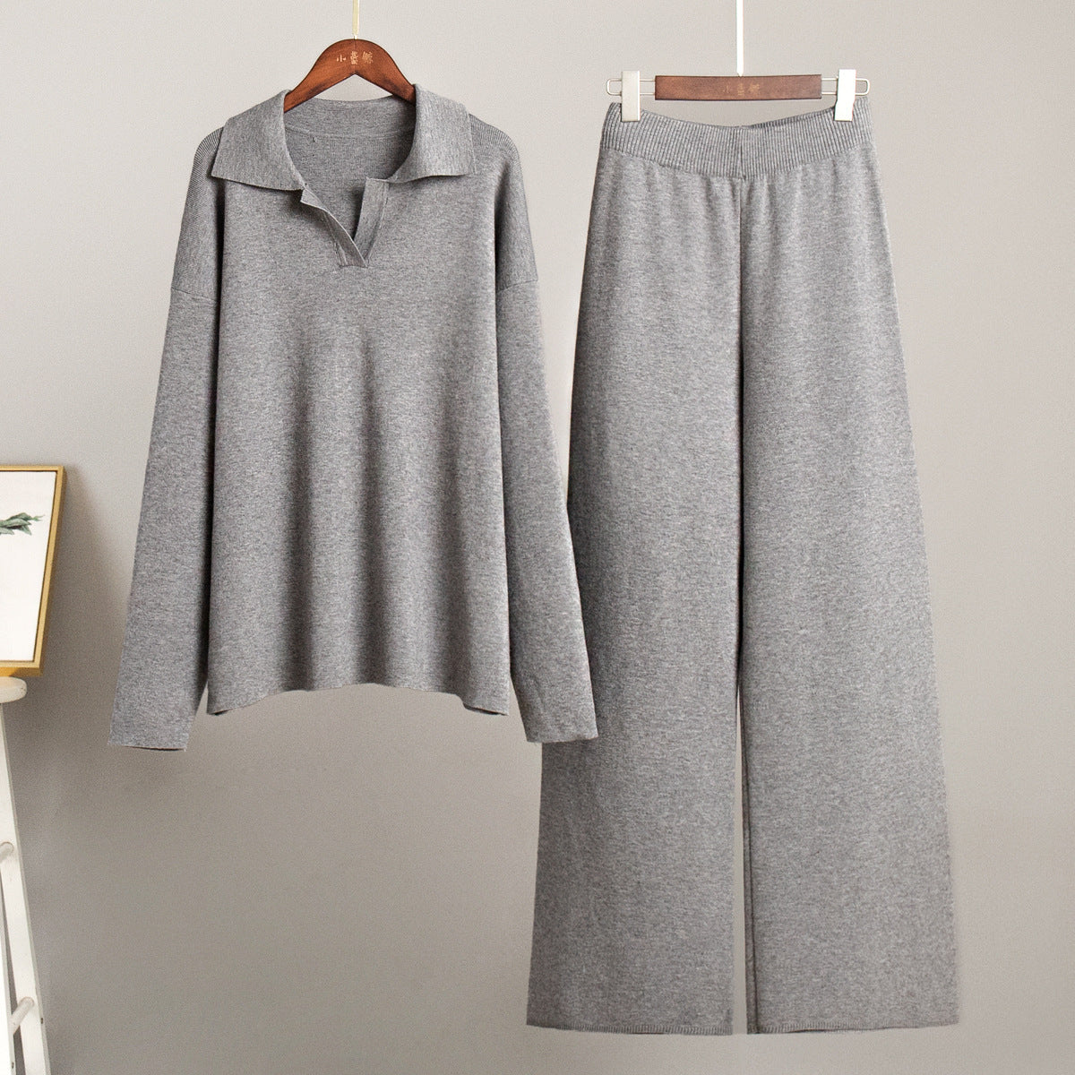 Knitted set European and American autumn and winter sweater set Polo neck knitted jumper + wide-leg trousers two-piece set  suits