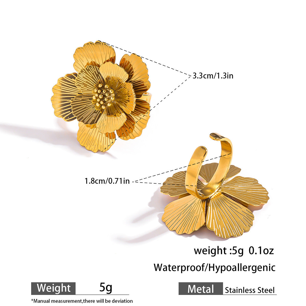 Malt stainless steel non-fading flower rings female three-dimensional opening design ring exaggerated European and American jewelry
