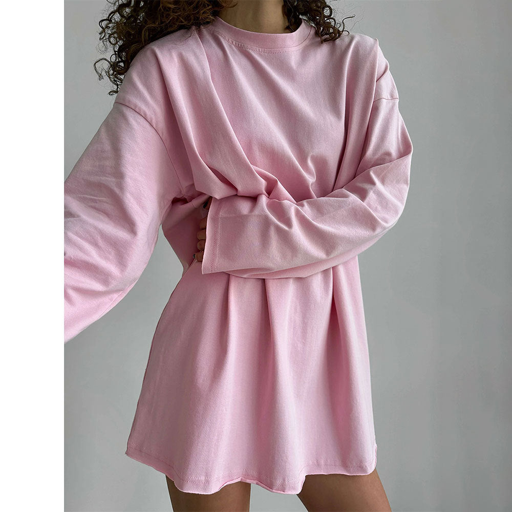 Pure cotton T-shirt women's European and American cross-border spring new loose solid color Oversize round neck long-sleeved t-shirts