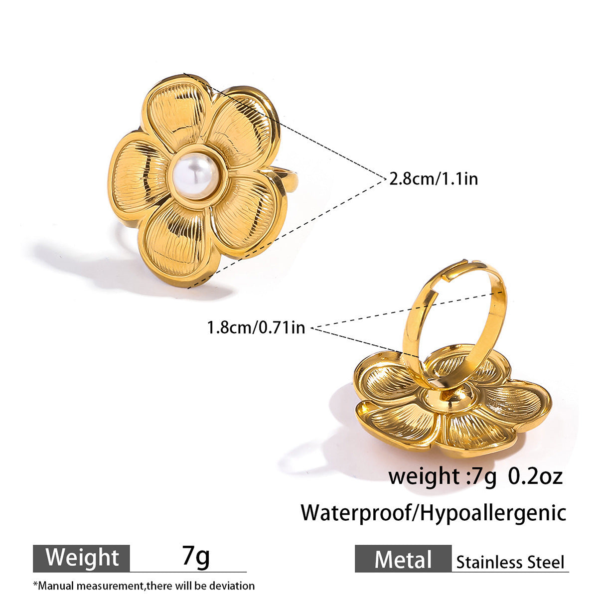 Malt stainless steel flower pearl ring exaggerated high-end ins ring titanium steel non-fading hand jewelry rings