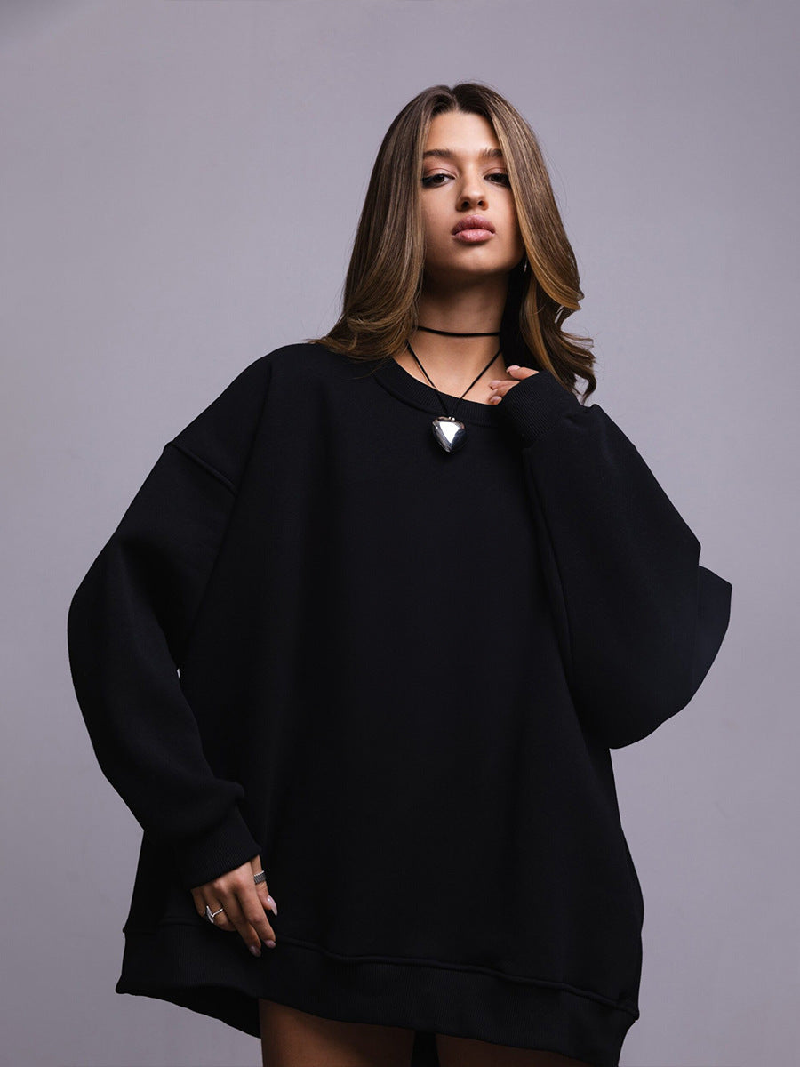 Solid color crew neck sweater European and American winter new women's fleece fleece fleece sweater casual crew neck sweater