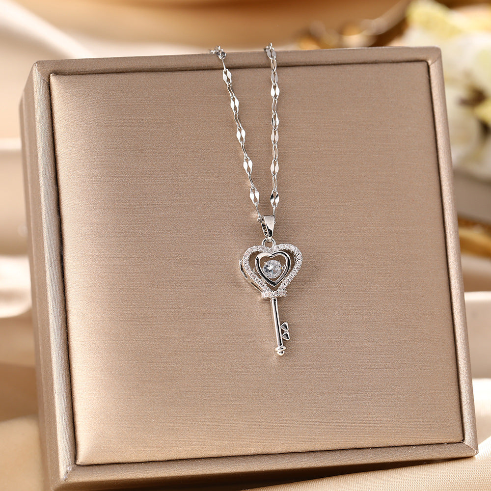 Japanese and Korean niche design sense smart key titanium steel necklace women's fashion love beating zircon Internet celebrity collarbone chain